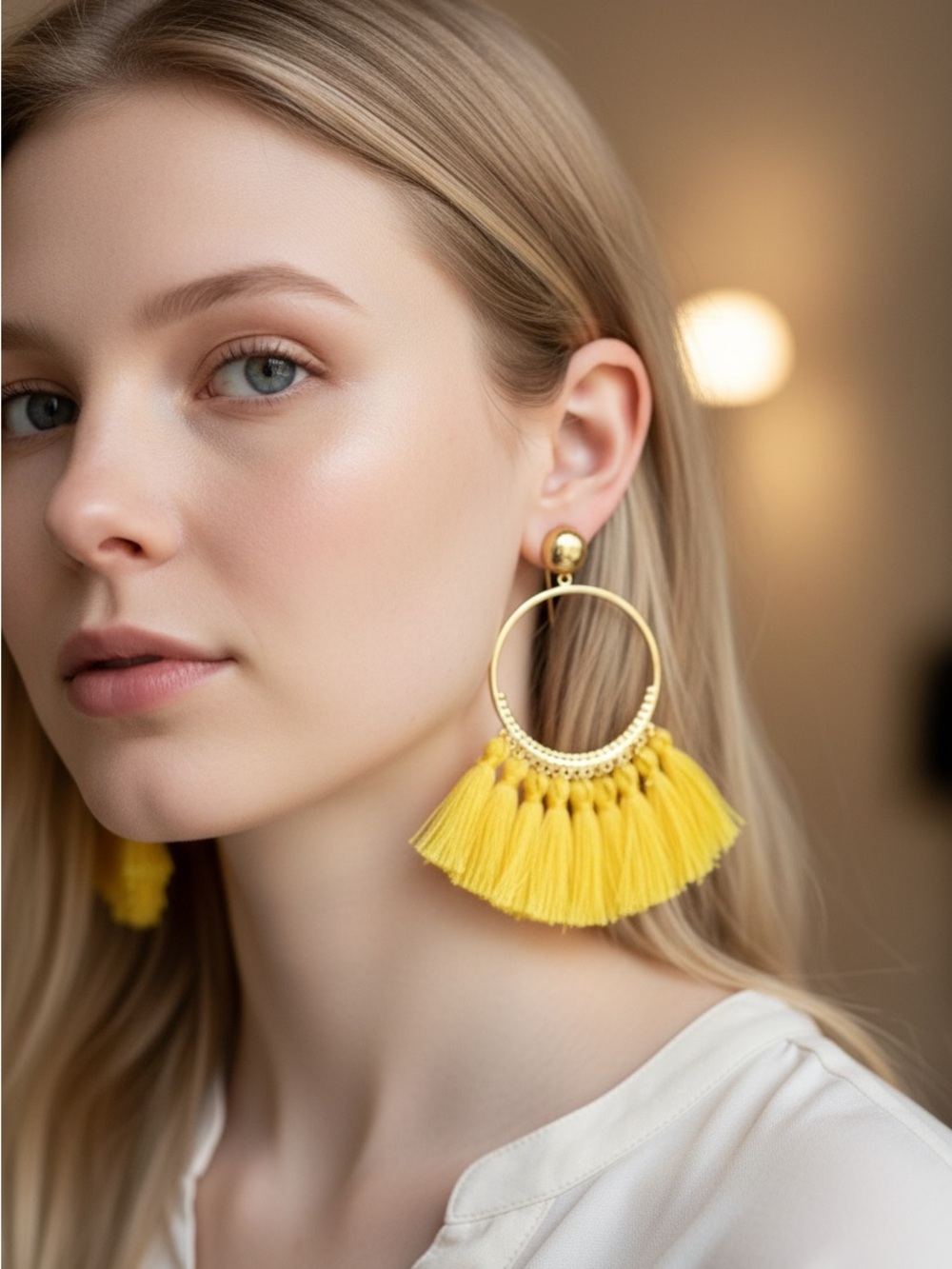 Yellow Tassel Hoop Earrings - Gold Accent